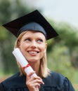 University graduation, campus or woman thinking of education, future goals and studying for opportunity. College Royalty Free Stock Photo