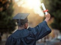 University graduation, certificate and back view of black man with motivation for learning goals, achievement or future