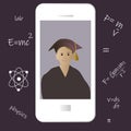 University graduation online in phone app, physics grade graduate boy in graduation cap flat vector illustration. Royalty Free Stock Photo