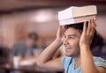 University, head balance and man with books for academy development, knowledge or history education study. College Royalty Free Stock Photo