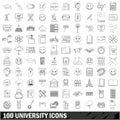 100 university icons set, outline style