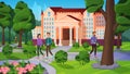 University landscape with people vector illustration, cartoon flat academic student characters walking on road in green