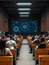 university lecture hall with diverse students interacting with an advanced generative AI interface projected holographically Royalty Free Stock Photo
