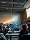university lecture hall with diverse students interacting with an advanced generative AI interface projected holographically Royalty Free Stock Photo