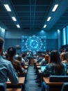 university lecture hall with diverse students interacting with an advanced generative AI interface projected holographically Royalty Free Stock Photo