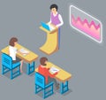 University lecture with professor and students at desk. Man teacher is using interactive whiteboard Royalty Free Stock Photo
