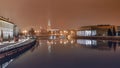 The University Library in Wroclaw on the banks of the Odra River, illuminated at night Royalty Free Stock Photo