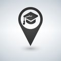 University location icon. Drop shadow map pointer silhouette symbol. Student s hat pinpoint. College nearby. Vector isolated illus