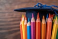 University milestone Colorful pencils with graduation hat, education concept