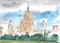 University of moscow, abstract watercolor graphic landscape, travel sketch