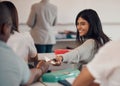 University, note and students cheating in exam passing paper notes in classroom. College corruption, education fraud and Royalty Free Stock Photo