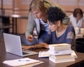 University, online and students in library on laptop for internet research, studying and learning. Education, college Royalty Free Stock Photo