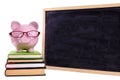 University student education money saving, Piggy bank wearing glasses with small blank blackboard, isolated