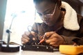 University student, engineering and electronics with black woman learning on electrical project. Education, engineer or Royalty Free Stock Photo