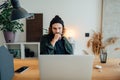 University student study while listening online lecture using laptop. Bearded hipster  doing home work Royalty Free Stock Photo