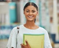 University student, young woman portrait and college learning, studying and education campus. Happy, smile and cool gen Royalty Free Stock Photo