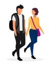 University students in love flat vector illustration. Teenage schoolboy and schoolgirl holding hands characters. Boyfriend and