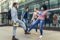 Students shaking legs outdoors, coronavirus and back to normal concept Royalty Free Stock Photo