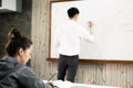 University students study hard and listen to teachers for their lessons with special lectures in the columns of math class