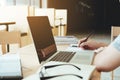 University students using laptop for research homework in college Royalty Free Stock Photo