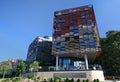 University of Sydney Business School with colorful terra cotta baguette screening on modern facade in Australia