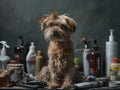 An unkempt, scruffy pet sitting amid grooming supplies, a before shot filled with anticipation