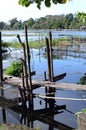 Unkempt, weather damaged lake foot bridge environmental issues that destroy lake