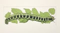 Highly Detailed Foliage A Realistic Silkscreen Drawing Of A Caterpillar
