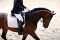 Unknown contestant rides at dressage horse event indoor in riding ground Royalty Free Stock Photo