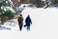 An unknown couple walking their dog through a snow covered landscape Royalty Free Stock Photo