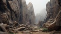 Misty Gothic Canyon: Organic Stone Carvings In A High Vertical Landscape