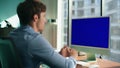 Unknown employee talking blue screen monitor closeup. Ceo gesturing video chat