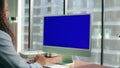 Unknown employee talking blue screen monitor closeup. Office manager video chat