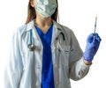 Unknown female doctor in medical uniform with mask holding a syr Royalty Free Stock Photo