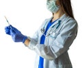 Unknown female doctor in medical uniform with mask holding a syr Royalty Free Stock Photo