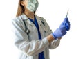 Unknown female doctor in medical uniform with mask holding a syr Royalty Free Stock Photo