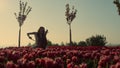 Unknown girl playing cello in amazing tulip field in bloom. Blooming garden