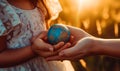 Unknown girl in white dress holding the earth model. Female hands supporting the child\'s ones carefully. Close up. Blurred Royalty Free Stock Photo