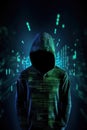 Unknown hacker on cyber background. Internet, cyberspace and data security concept. Generative AI