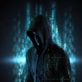 Unknown hacker on cyber background. Internet, cyberspace and data security concept. Generative AI