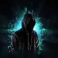 Unknown hacker on cyber background. Internet, cyberspace and data security concept. Generative AI