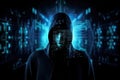 Unknown hacker on cyber background. Internet, cyberspace and data security concept. Generative AI