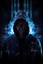 Unknown hacker on cyber background. Internet, cyberspace and data security concept. Generative AI