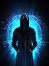 Unknown hacker on cyber background. Internet, cyberspace and data security concept. Generative AI