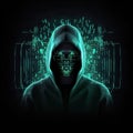 Unknown hacker on cyber background. Internet, cyberspace and data security concept. Generative AI