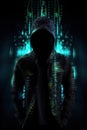 Unknown hacker on cyber background. Internet, cyberspace and data security concept. Generative AI