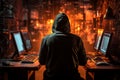 An unknown hacker, wearing a hoodie against a background of computer symbols. Cyber ??attack, hacking attempt