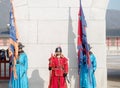 Unknown men in ancient Korean soldier costume in Gyeongbokgung P Royalty Free Stock Photo
