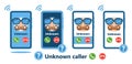 Unknown number phone call, incoming anonymous caller on mobile phone screen icon. Unfamiliar incognito person ringing. Vector