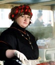 Unknown person in traditional flea market cooking in street kitchen on Feb 7, 2016 in Vilnius, Lithuania